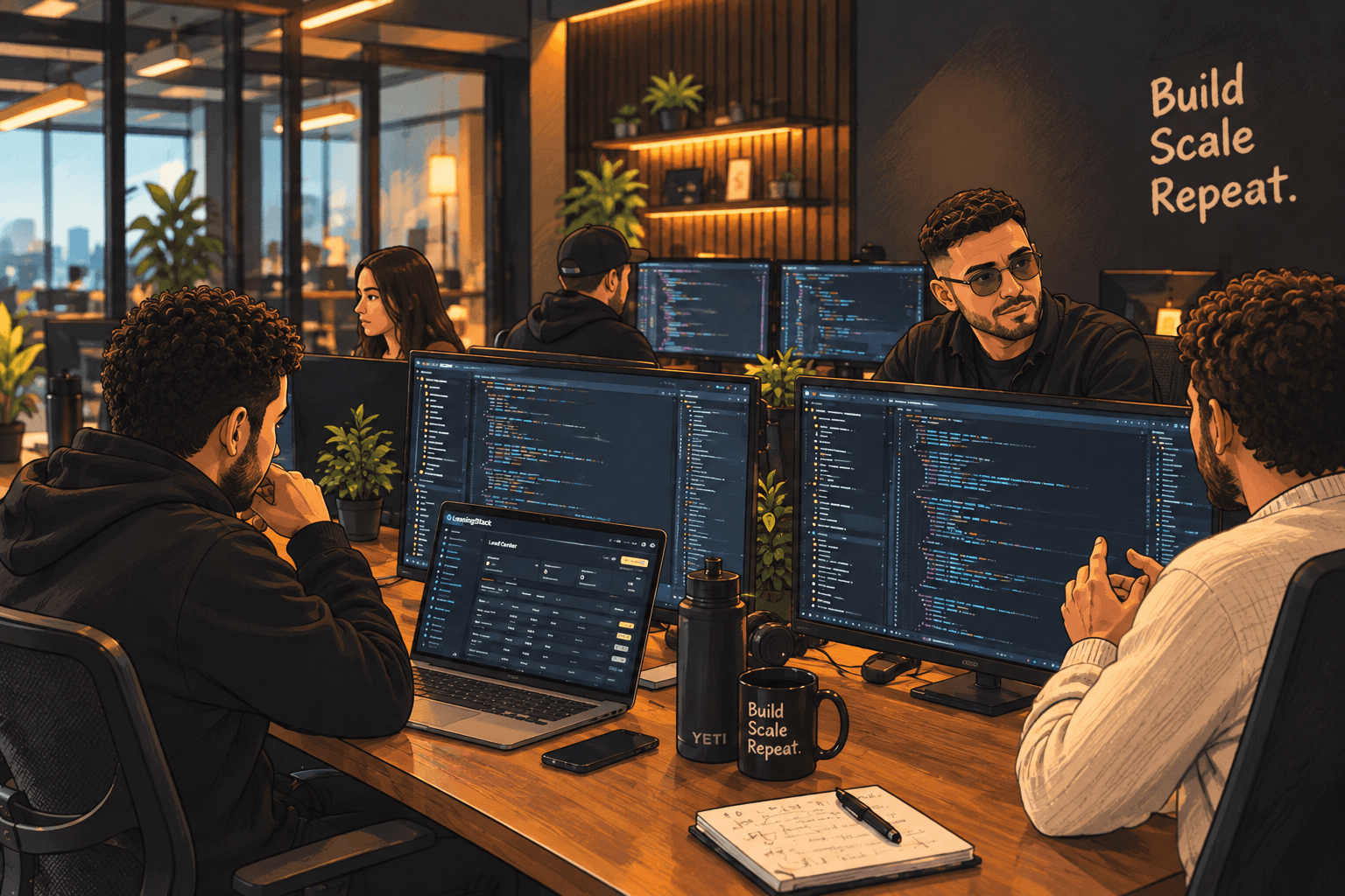 Illustrated team photo of the LeasingStack crew at the Los Angeles office, with Build Scale Repeat on the wall and Lead Center open on a laptop.