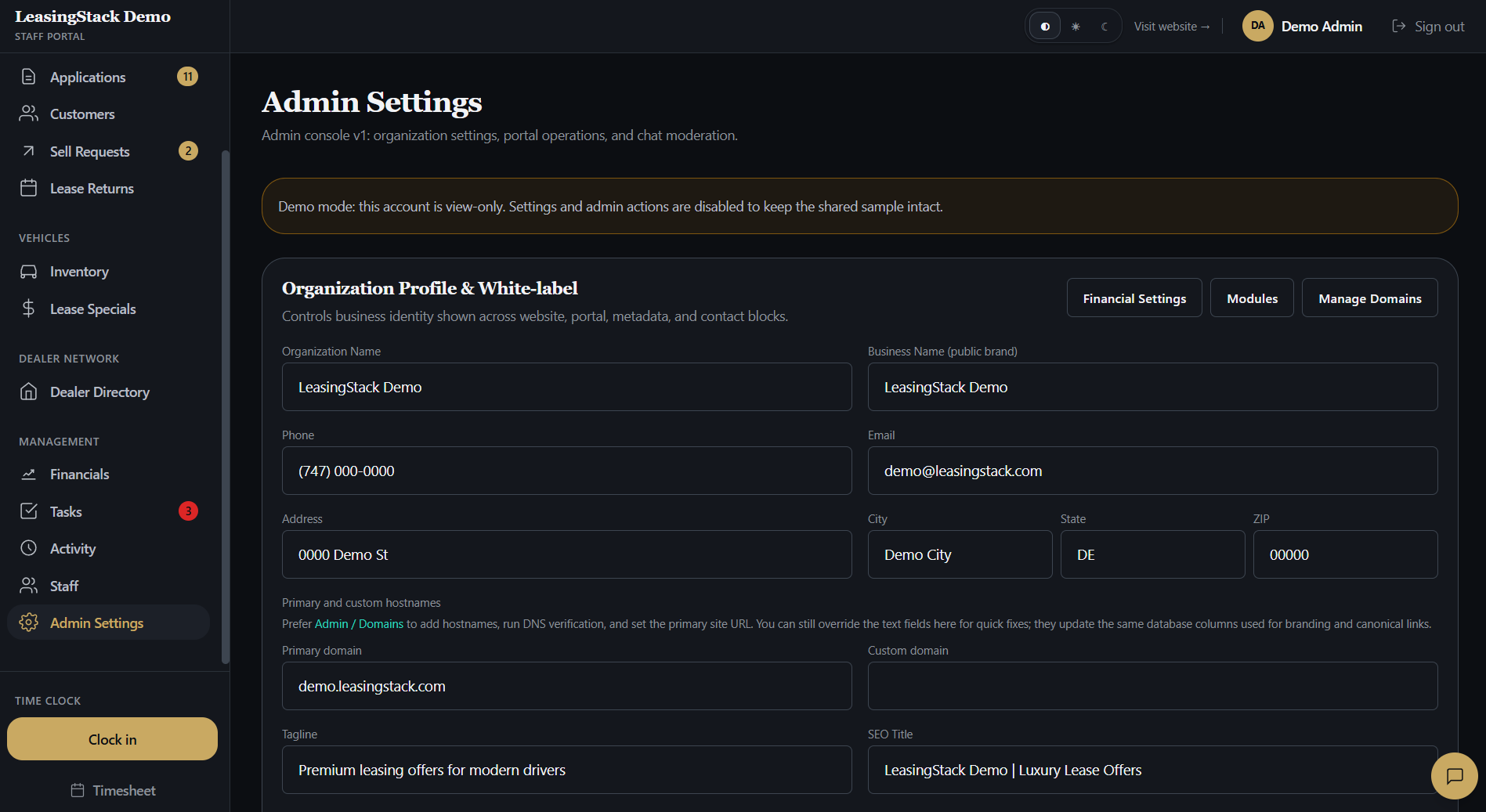 LeasingStack admin settings in the portal
