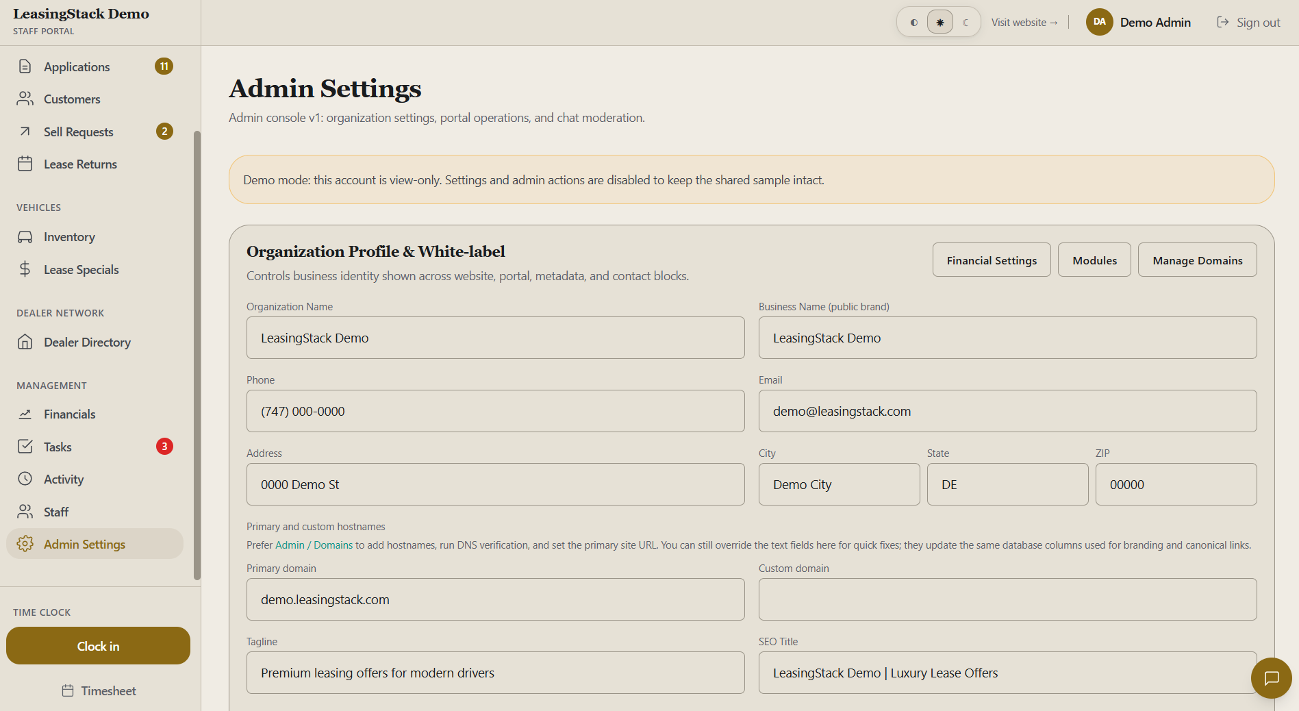 LeasingStack admin settings in the portal