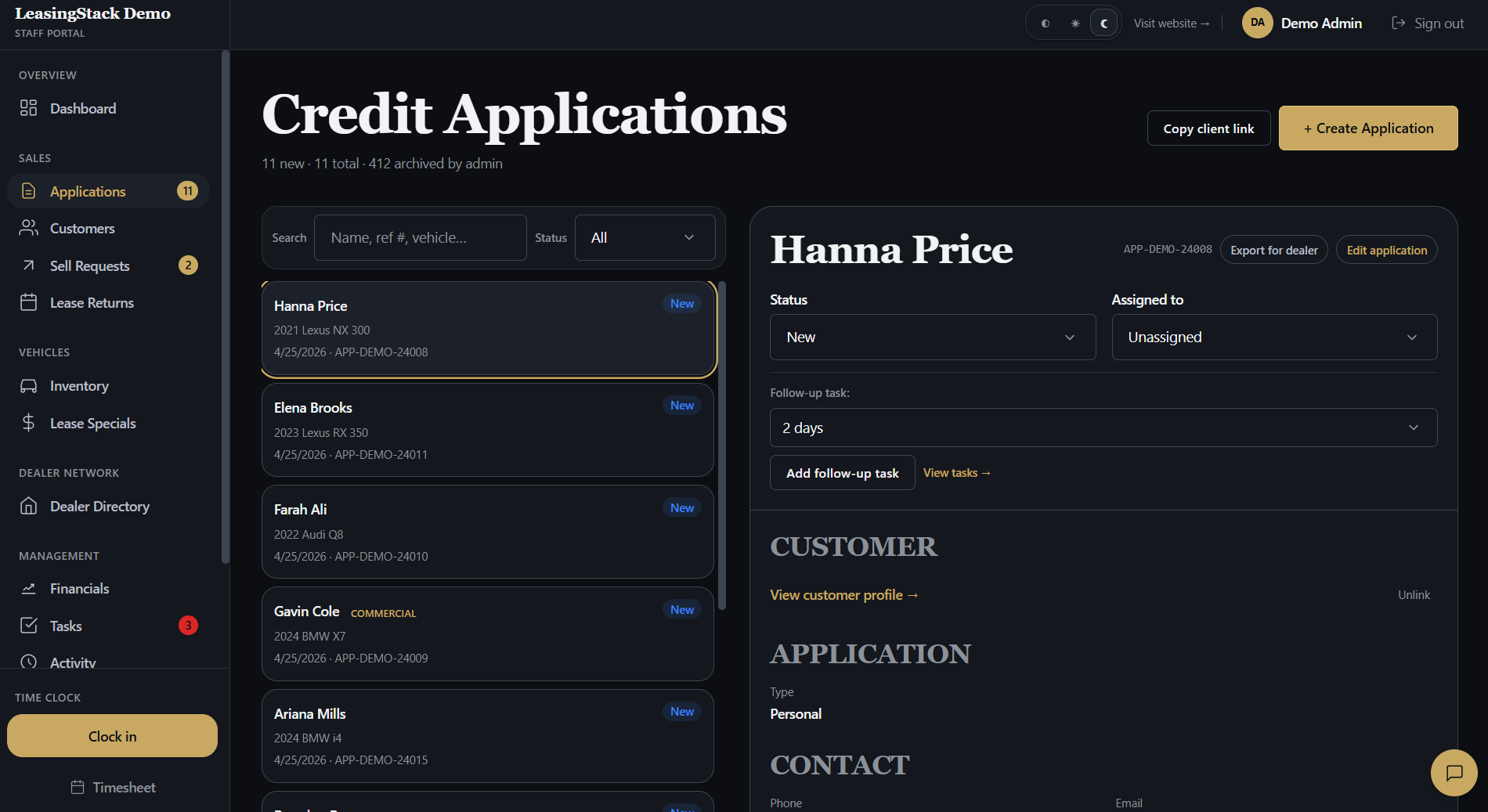 LeasingStack applications in the portal