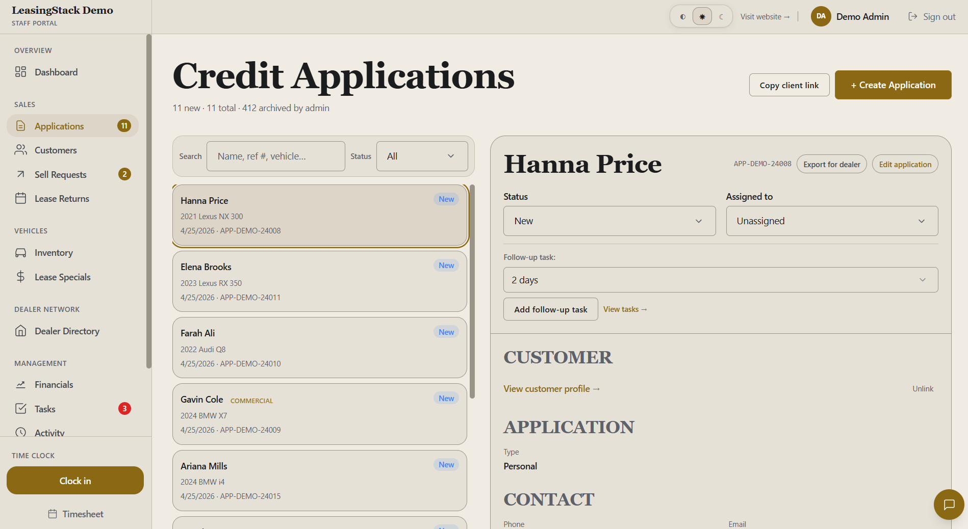 LeasingStack applications in the portal
