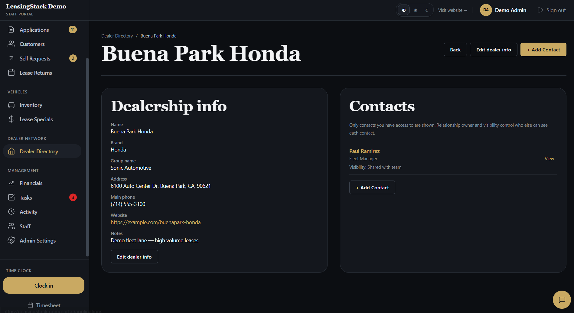 LeasingStack customer contact in the portal