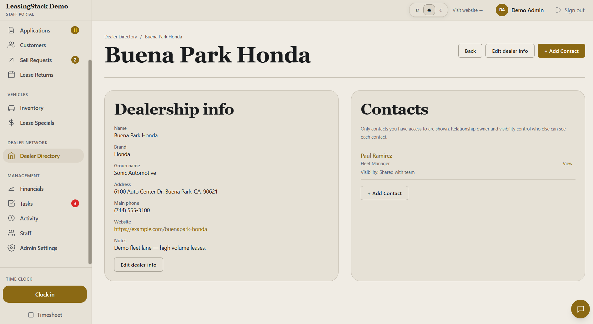 LeasingStack customer contact in the portal